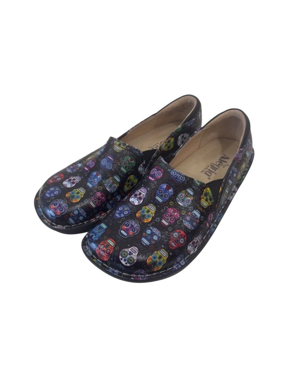 Alegria DEB-484 Womens SZ 38 Slip-On Shoes With Multicolor Sugar Skull Print
